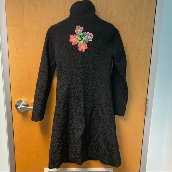 DESIGUAL Sz 38 Coat Colourful Floral Hem Relief Pattern Black Funnel Neck - Picture 6 of 14